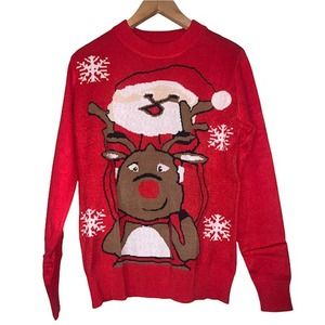 REINDEER & SANTA Graphic Holiday Christmas Sweater - L